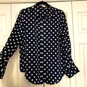 Navy polka dot button down blouse.